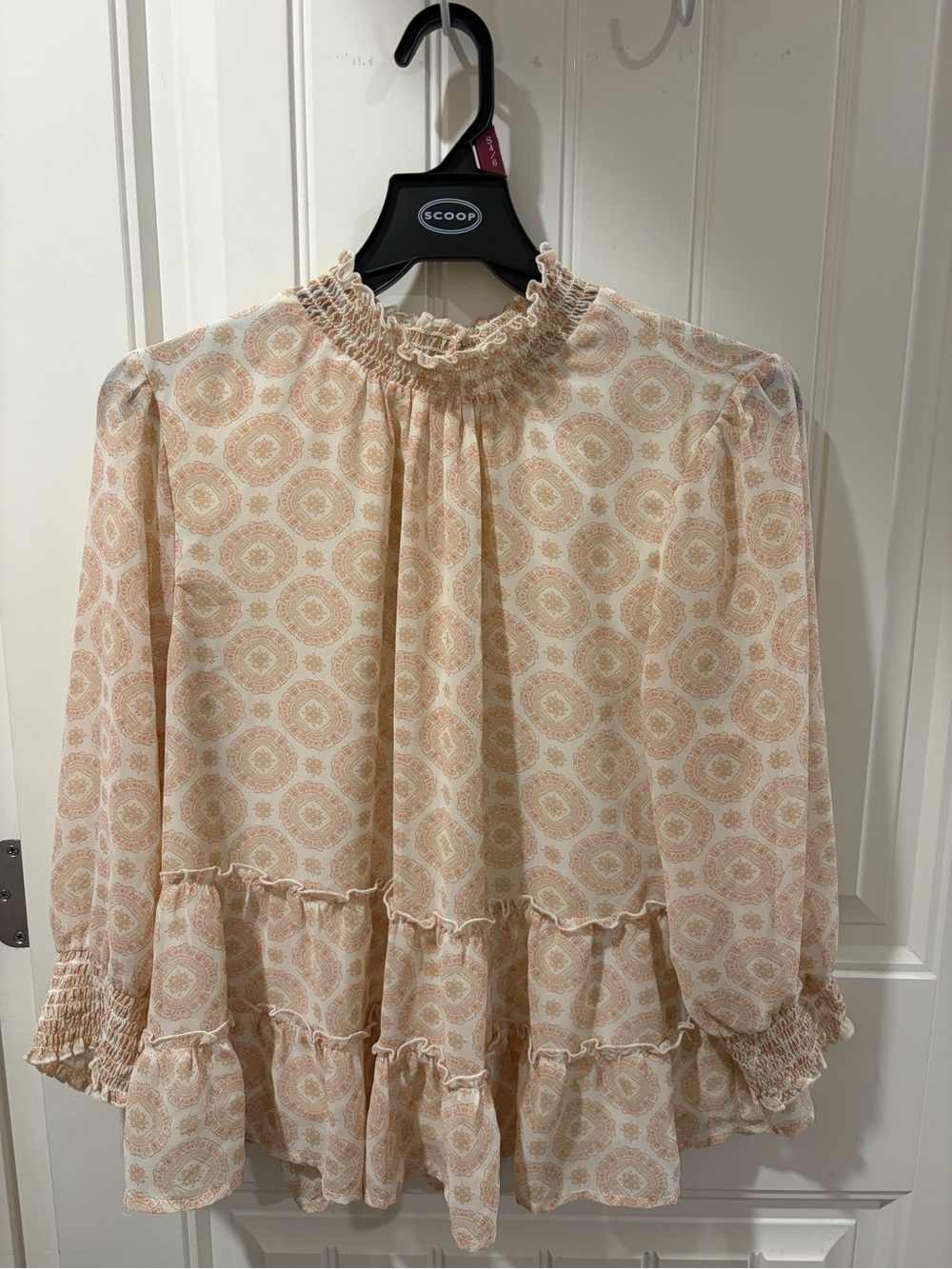 June & Hudson Boho Tiered Ruffle Smocked Mock Neck Blouse Cream Orange M